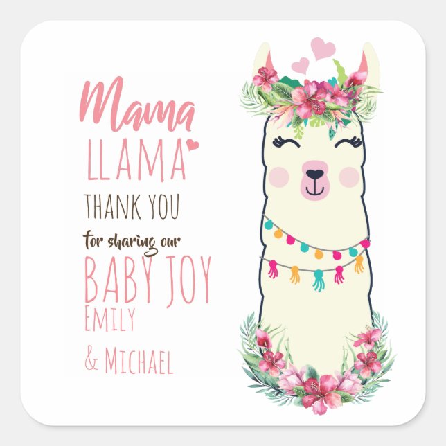 Sticker Carré Mama Llama Fiesta Baby Girl Douche Partyware (Devant)