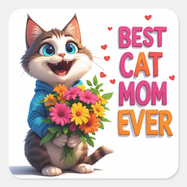 Sticker Carré Maman chat adorable avec des cœurs de fleurs 🐱 (Devant)