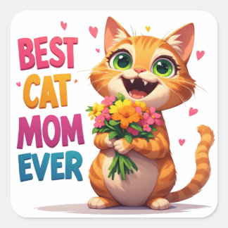Sticker Carré Maman Chat Adorable Tenant des Fleurs et des Cœurs