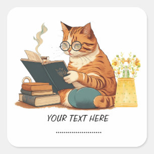 Sticker Carré maman chat mignonne lisant un livre et buvant du c