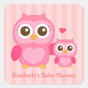 Sticker Carré Maman et bébé chouette rose mignons, Baby Shower