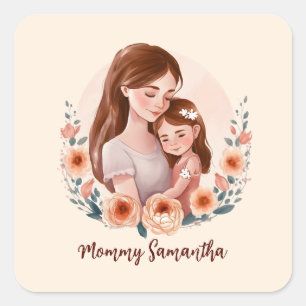 Sticker Carré Maman et fille avec couronne Rose
