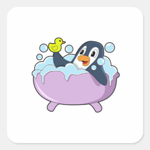 Sticker Carré Manchot dans la baignoire avec un canard