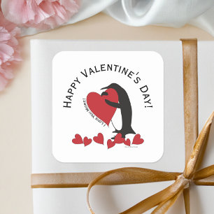 Sticker Carré Manchot et cœur rouge Joyuse Saint-Valentin
