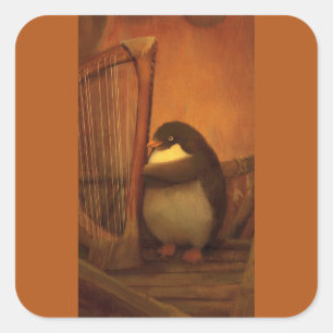 Sticker Carré Manchot et harpe – Un moment de musique paisible