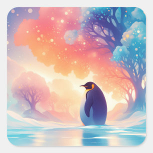 Sticker Carré Manchot noble sur lac gelé avec forêt magique
