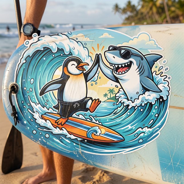 Sticker Carré Manchot surfeur et requin high five (Créateur téléchargé)