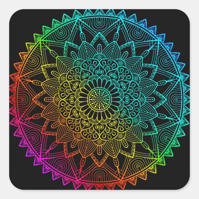 Sticker Carré Mandala Arc-en-ciel noir (Devant)