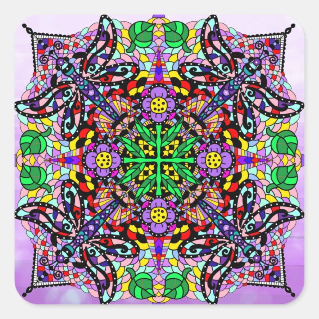 Sticker Carré Mandala Colorée libellule et fleur (Devant)