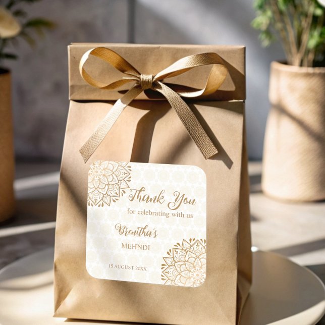 Sticker Carré Mandala d'or Mehndi personnalisée (Golden mandala Mehndi personalized Square Sticker)