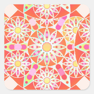 Sticker Carré Mandala motif, corail rouge, rose, or