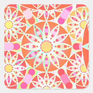 Sticker Carré Mandala motif, corail rouge, rose, or