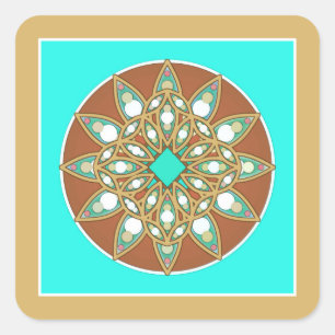 Sticker Carré Mandala motif en chocolat, bronzé et turquoise
