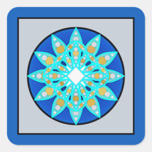 Sticker Carré Mandala motif en cobalt, gris et turquoise