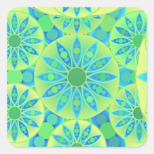 Sticker Carré Mandala motif, turquoise, bleu, vert citron