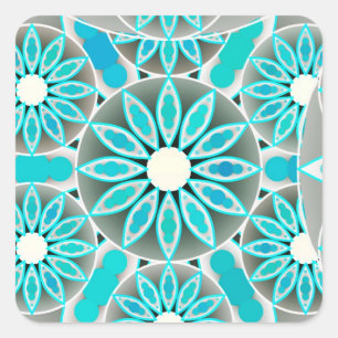 Sticker Carré Mandala motif, turquoise, gris argenté et blanc