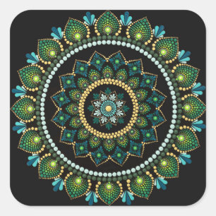 Sticker Carré Mandala vert Peint main Géométrie sacrée