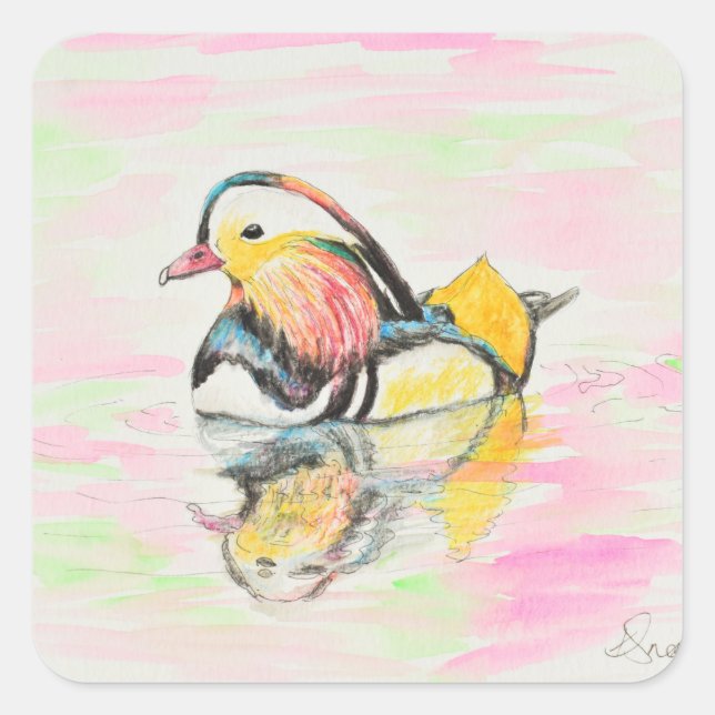 Sticker Carré Mandarin Duck Ink et peinture aquarelle (Devant)