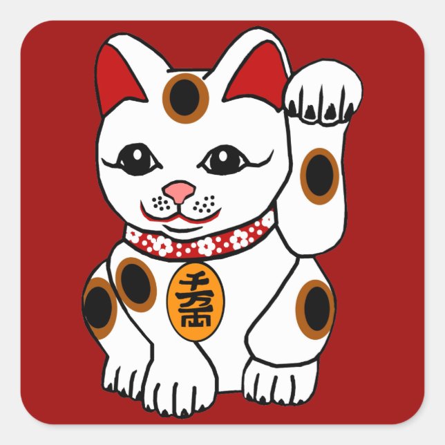 Sticker Carré Maneki Neko Chat sur Arrière - plan rouge (Devant)