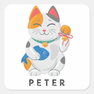 Sticker Carré Maneki Neko White Chat, symbole de bonne chance