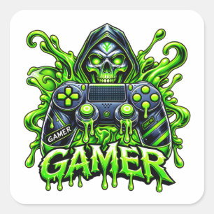 Sticker Carré Manette fantôme de joueur Halloween Spooky Gaming