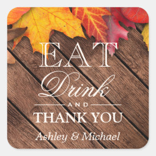 Sticker Carré Manger Boissons Merci Bois rustique Feuilles d'aut
