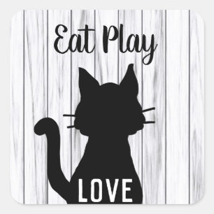 Sticker Carré Manger Jouer Aimer Silhouette de Chat Noir sur Boi
