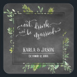 Sticker Carré Mangez Boire & Soyez Marié Vert sur Chalkboard<br><div class="desc">Sur un arrière - plan en damier texturé, j'ai ajouté un bouquet artistique désordonné de vaporisateurs de verdure aquarelle. Le centre était couvert d'un carré en damier bordé qui fait un cadre parfait pour vos détails personnels ; les espaces réservés modèles ont été configurés pour vos noms et votre date,...</div>