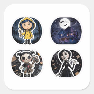 Sticker Carré Manteau Jaune Touche Manoir Hanté Bouton Poupée