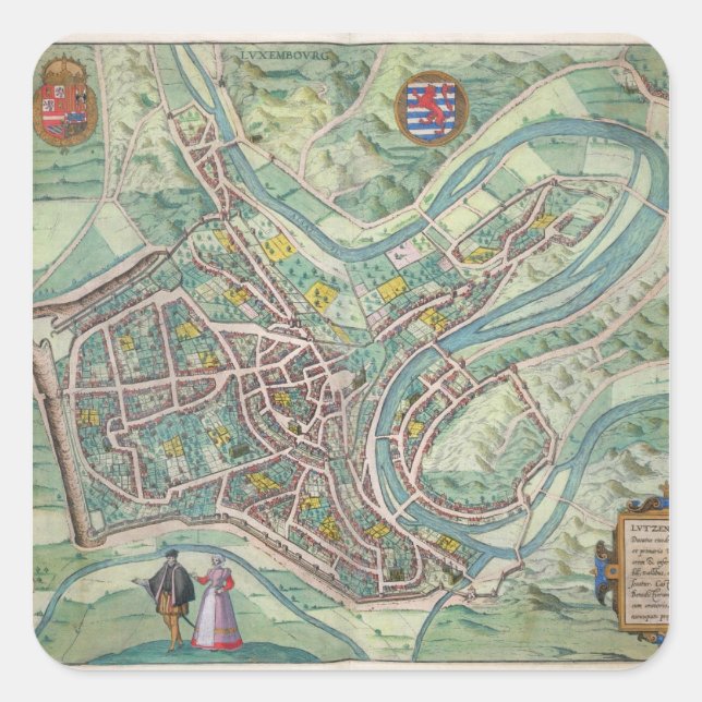 Sticker Carré Map of Luxembourg, from 'Civitates Orbis Terrarum' (Devant)