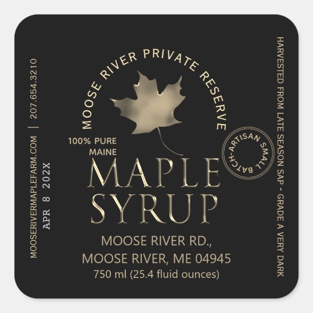 Sticker Carré MAPLE SYRUP Réserve privée Gold Leaf Date de récol (Devant)