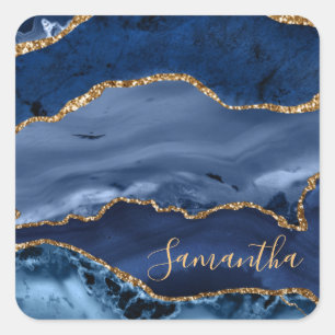 Sticker Carré Marbre Agate Bleu Nuit et Paillettes de Faux Or