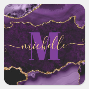 Sticker Carré Marbre Agate Monogramme Pailleté Or et Violet