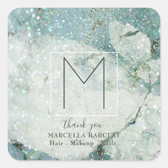 Sticker Carré Marbre bleu sarcelle scintillant monogramme (Devant)
