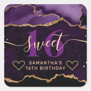 Sticker Carré Marbre d'agate scintillant or et violet Sweet 16 