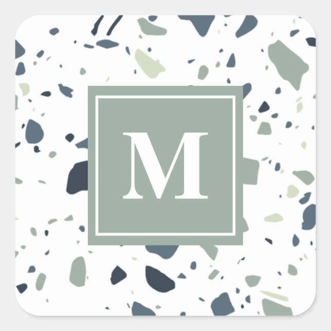 Sticker Carré Marbre Terrazzo Vert Bleu Moderne Monogramme (Devant)