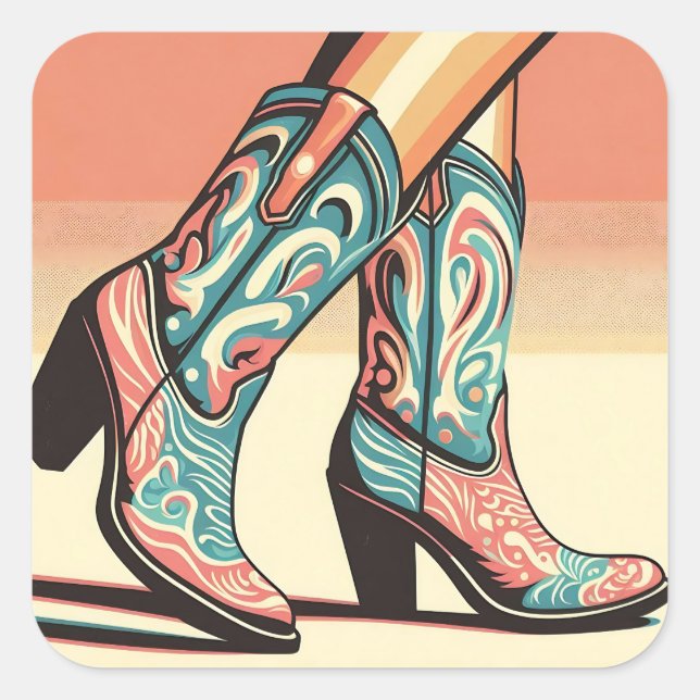 Sticker Carré Marcher Cowgirl rose et Blue Boots Pop Art (Devant)