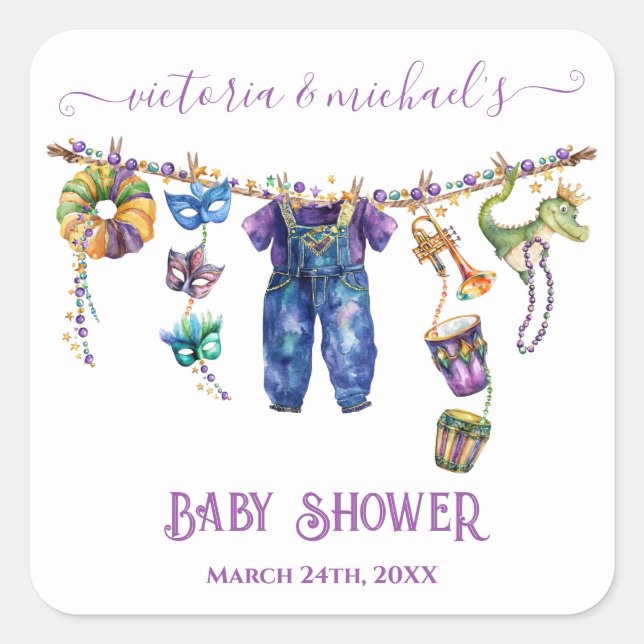 Sticker Carré Mardi Gras Clothesline garçon Baby shower (Devant)