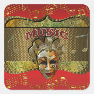 Sticker Carré Mardi Gras Masque souriant Notes musicales métalli