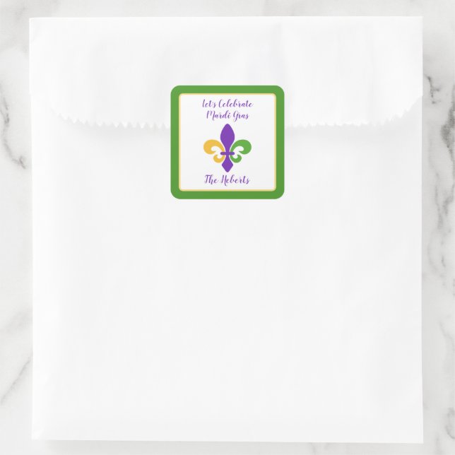 Sticker Carré Mardi Gras NOM Vert Or Violet Fleur de Lis (Sac)