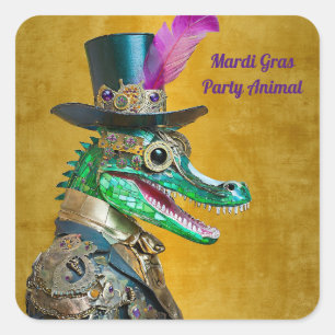 Sticker Carré Mardi Gras Steampunk Party Animal Alligator