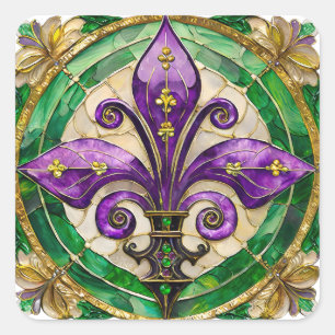 Sticker Carré Mardi Gras Vitrail Fleur de lis