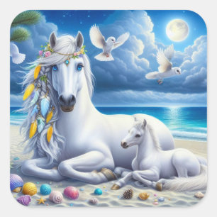 Sticker Carré Mare et poulain blanc sous le clair de lune