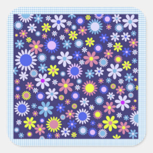 Sticker Carré Marguerite vintage style Pop Art sur En vichy Bleu