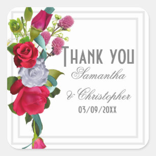 Sticker Carré Mariage à fleurs de rose rouge merci