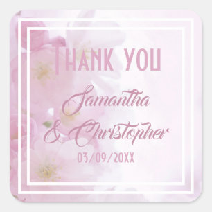 Sticker Carré Mariage à fleurs roses merci