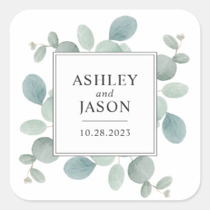 Sticker Carré Mariage à la gouache Eucalyptus Verdure