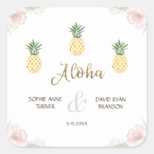 Sticker Carré Mariage à la plage d'ananas tropicale Aloha