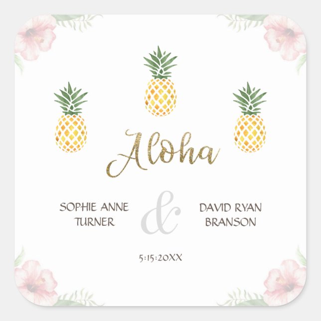 Sticker Carré Mariage à la plage d'ananas tropicale Aloha (Devant)