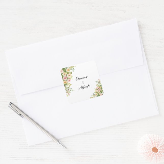Sticker Carré Mariage à la rose aquarelle  (Enveloppe)